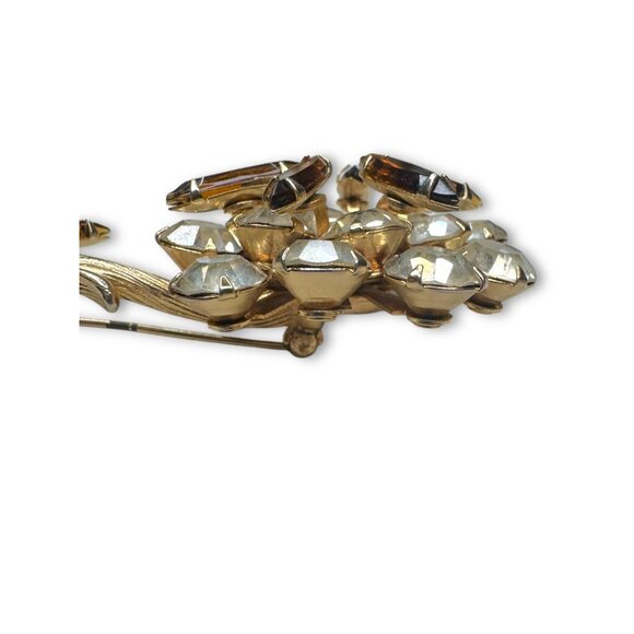 Unsigned Brown Clear Crystal Layered Glass Gold Flower Brooch - Picture 9 of 11